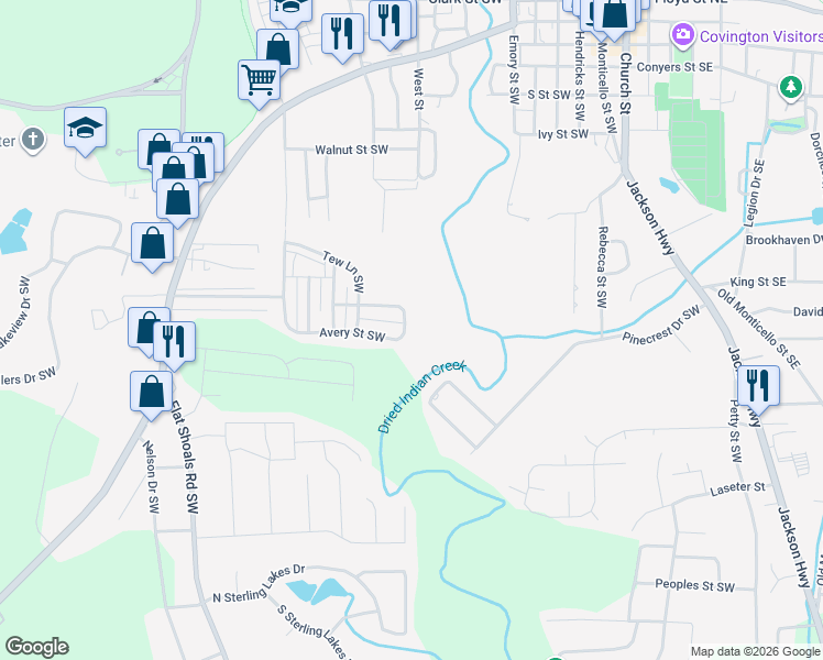 map of restaurants, bars, coffee shops, grocery stores, and more near 6376 Avery Street Southwest in Covington
