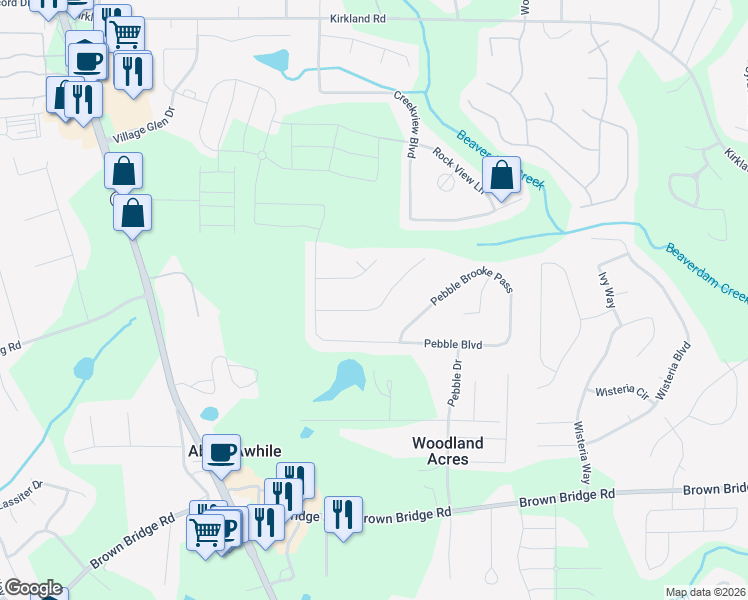 map of restaurants, bars, coffee shops, grocery stores, and more near 80 Pebble Lane in Covington