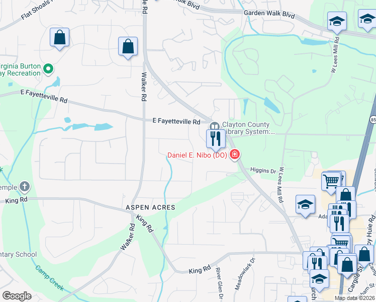 map of restaurants, bars, coffee shops, grocery stores, and more near 1112 Golden Meadow Drive in Riverdale
