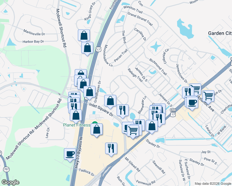 map of restaurants, bars, coffee shops, grocery stores, and more near 13 Topsail Lane in Murrells Inlet
