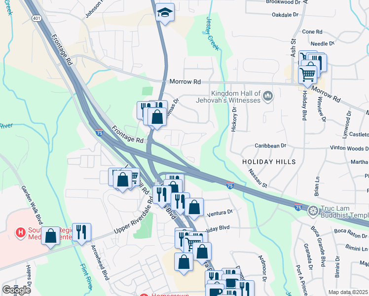 map of restaurants, bars, coffee shops, grocery stores, and more near 461 Old Dixie Way in Forest Park