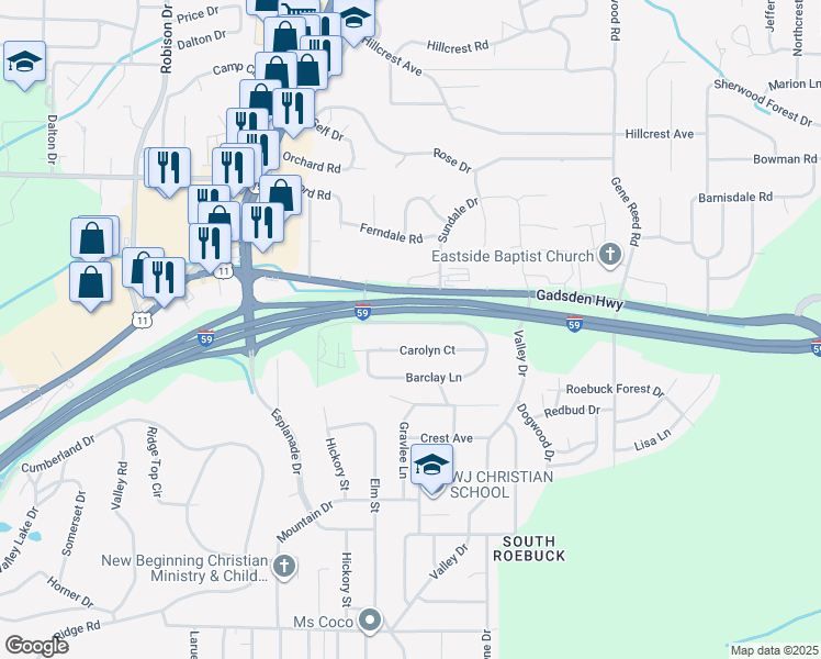 map of restaurants, bars, coffee shops, grocery stores, and more near 642 Biscayne Drive in Birmingham