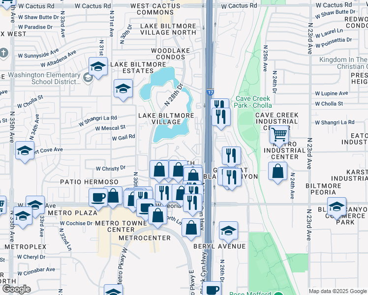 map of restaurants, bars, coffee shops, grocery stores, and more near 10828 North Biltmore Drive in Phoenix