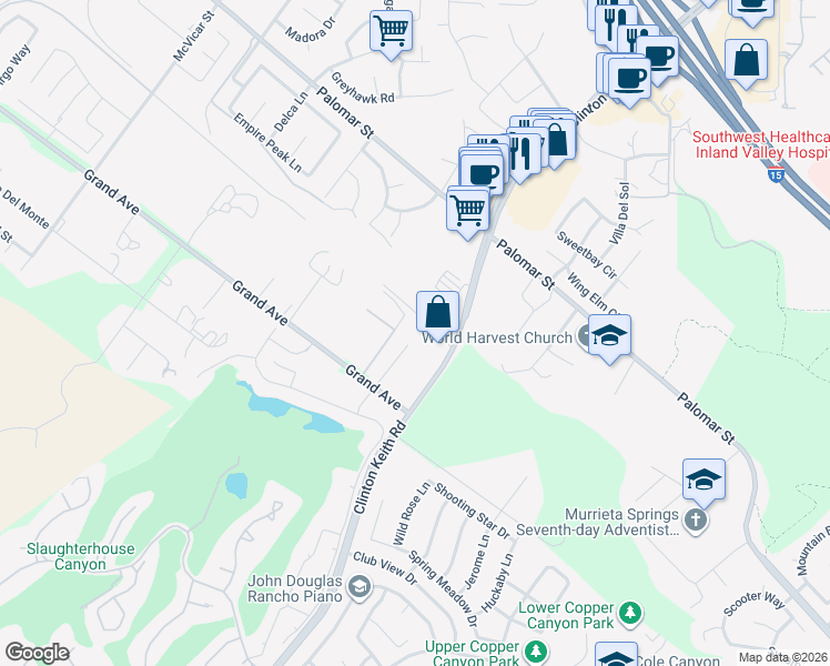 map of restaurants, bars, coffee shops, grocery stores, and more near 22784 Grand Avenue in Wildomar