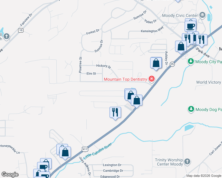 map of restaurants, bars, coffee shops, grocery stores, and more near 945 Oak Boulevard in Moody