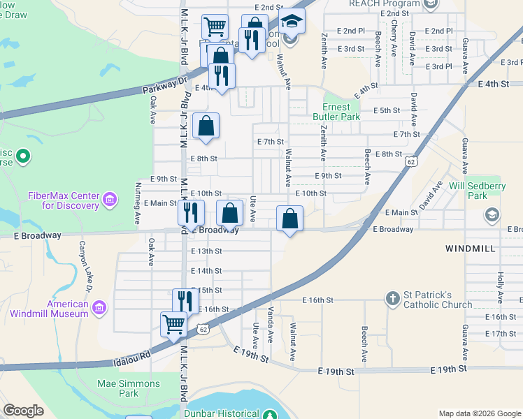 map of restaurants, bars, coffee shops, grocery stores, and more near 1001-1099 Ute Avenue in Lubbock