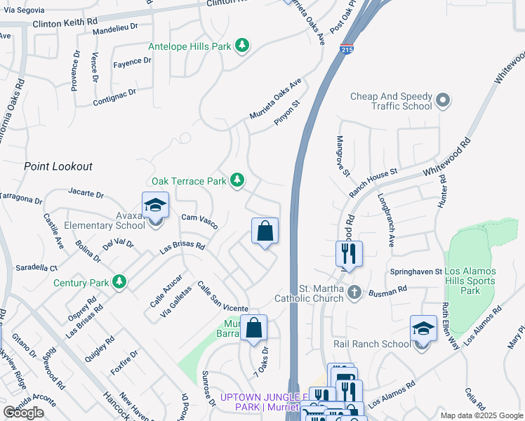 map of restaurants, bars, coffee shops, grocery stores, and more near 27404 Desert Willow Street in Murrieta