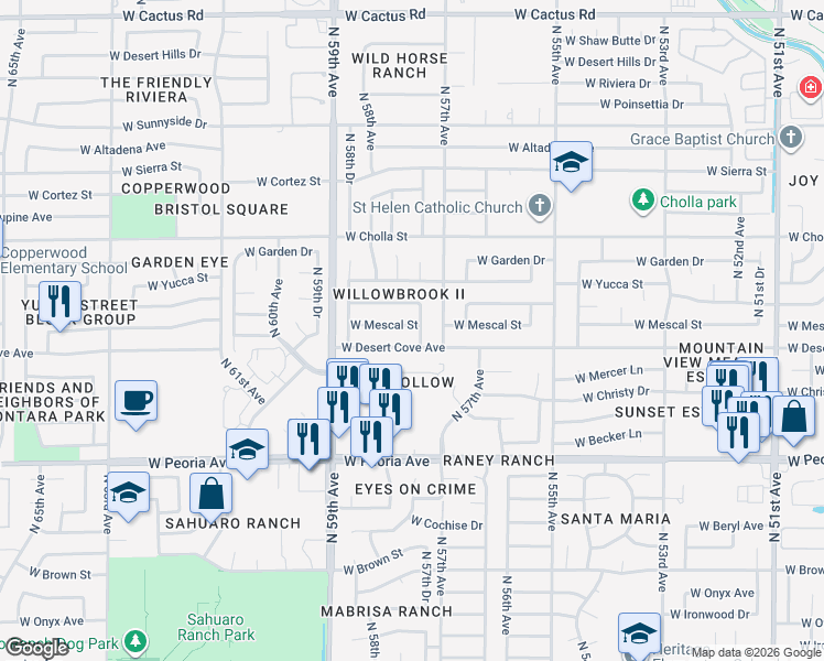 map of restaurants, bars, coffee shops, grocery stores, and more near 5744 West Mescal Street in Glendale