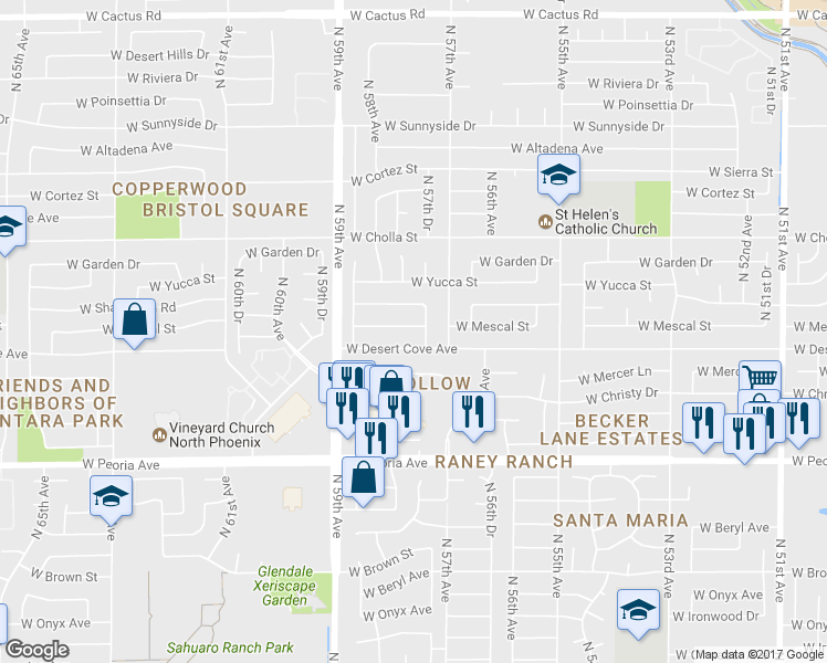 map of restaurants, bars, coffee shops, grocery stores, and more near 5744 West Mescal Street in Glendale