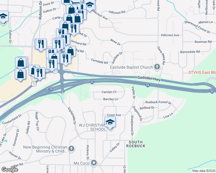 map of restaurants, bars, coffee shops, grocery stores, and more near 642 Biscayne Drive in Birmingham