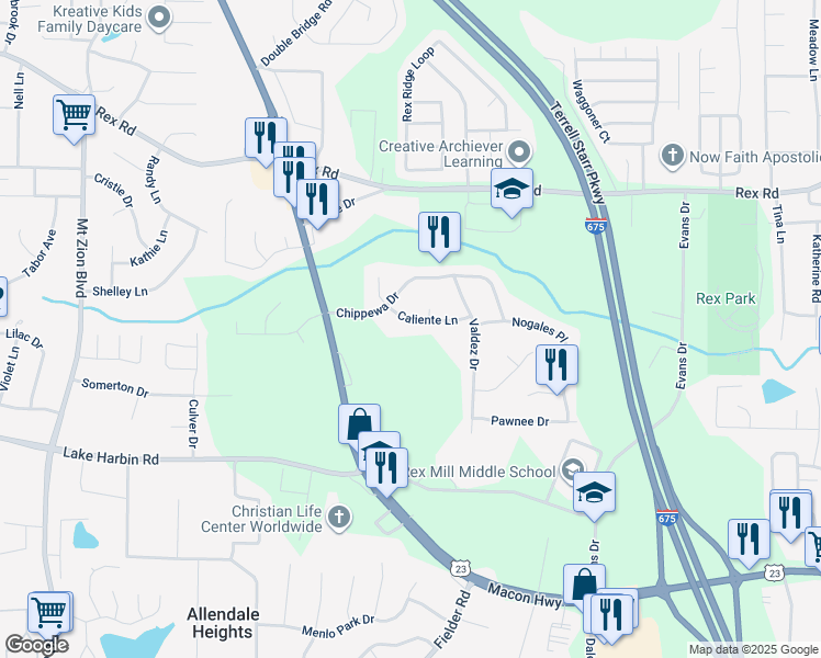 map of restaurants, bars, coffee shops, grocery stores, and more near 3089 Caliente Lane in Rex