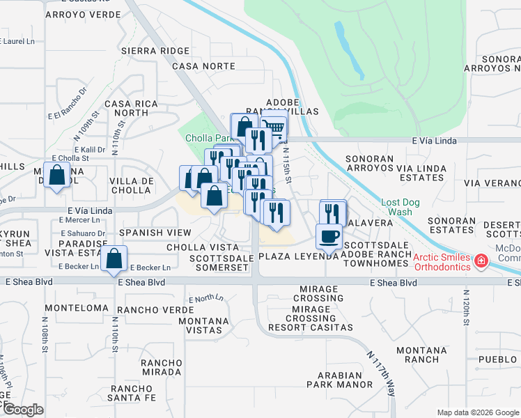 map of restaurants, bars, coffee shops, grocery stores, and more near 10999 North Frank Lloyd Wright Boulevard in Scottsdale