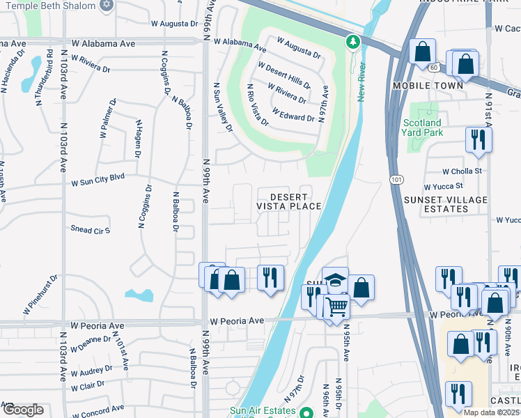 map of restaurants, bars, coffee shops, grocery stores, and more near 11276 North 99th Avenue in Peoria