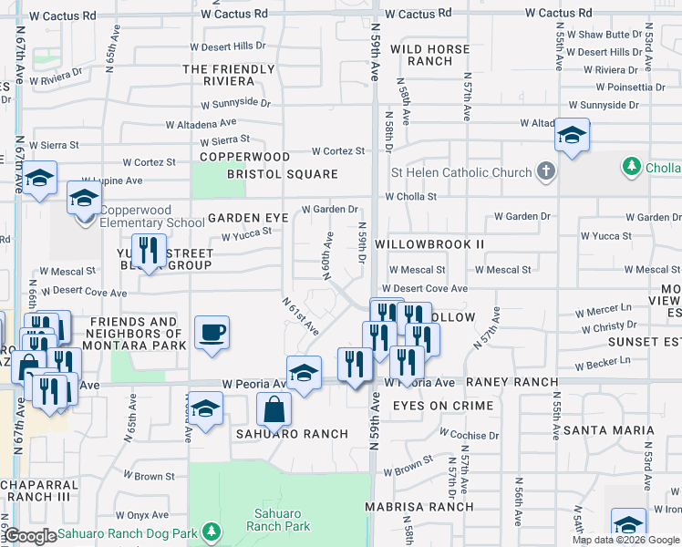 map of restaurants, bars, coffee shops, grocery stores, and more near 11022 North 59th Lane in Glendale