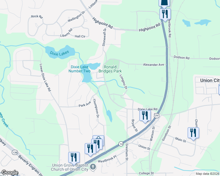 map of restaurants, bars, coffee shops, grocery stores, and more near 5225 Dixie Lake Road in Union City