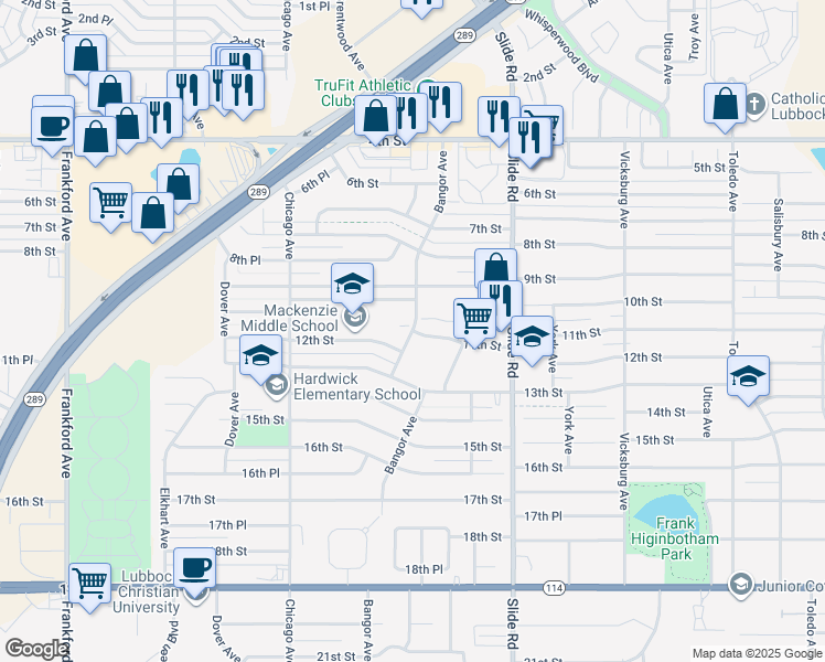 map of restaurants, bars, coffee shops, grocery stores, and more near 8524 11th Street in Lubbock