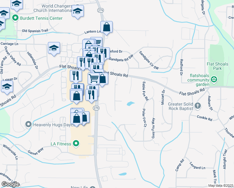 map of restaurants, bars, coffee shops, grocery stores, and more near 6040 Oak Bend Court in Riverdale