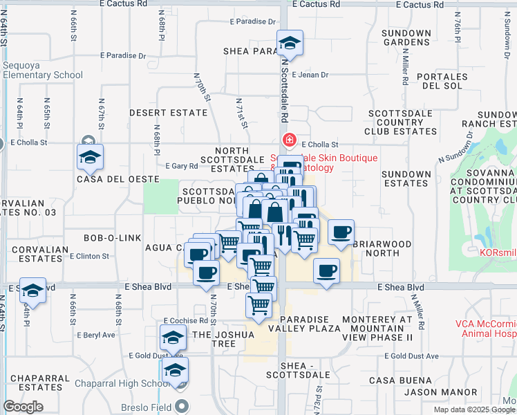 map of restaurants, bars, coffee shops, grocery stores, and more near 7091-7125 East Mescal Street in Scottsdale