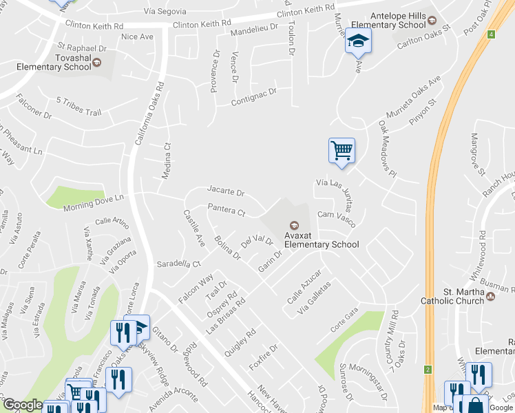 map of restaurants, bars, coffee shops, grocery stores, and more near 24559 Jacarte Drive in Murrieta
