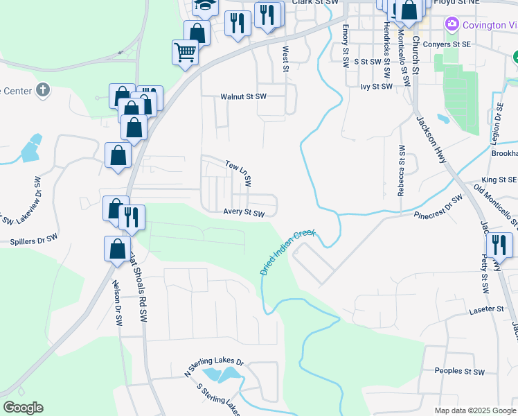 map of restaurants, bars, coffee shops, grocery stores, and more near 6307 Avery Street Southwest in Covington