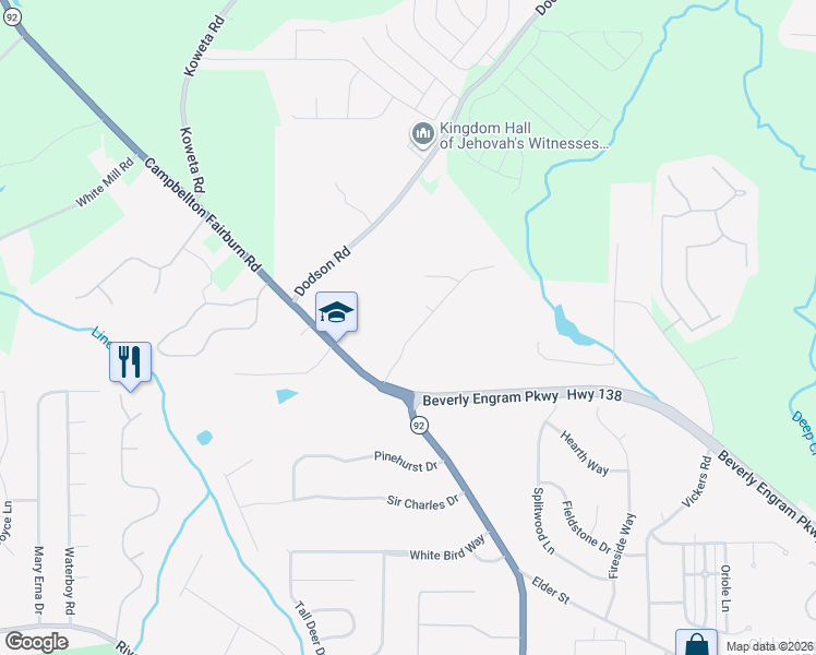 map of restaurants, bars, coffee shops, grocery stores, and more near 135 Woodland Hills Drive in Fairburn
