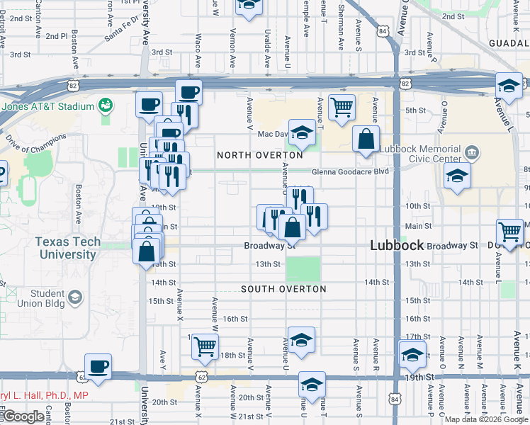 map of restaurants, bars, coffee shops, grocery stores, and more near 2125 10th Street in Lubbock