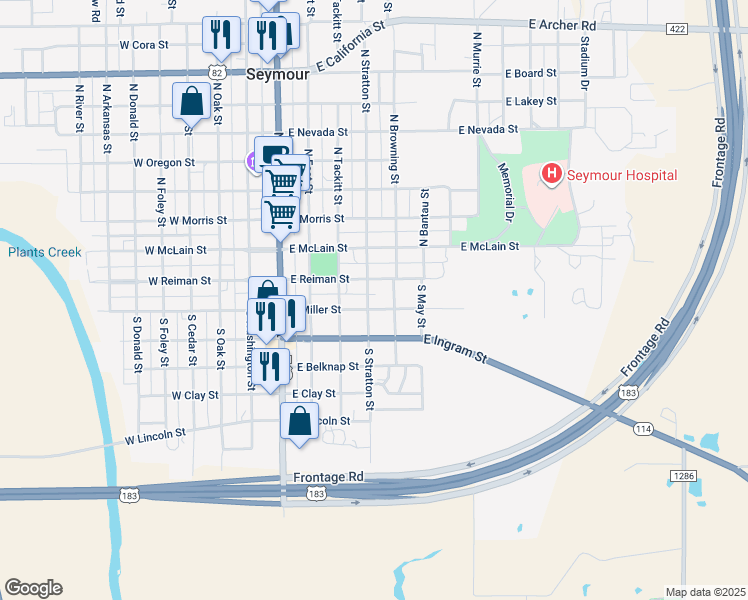 map of restaurants, bars, coffee shops, grocery stores, and more near 200-298 South Stratton Street in Seymour