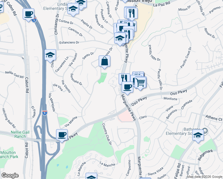 map of restaurants, bars, coffee shops, grocery stores, and more near in Mission Viejo