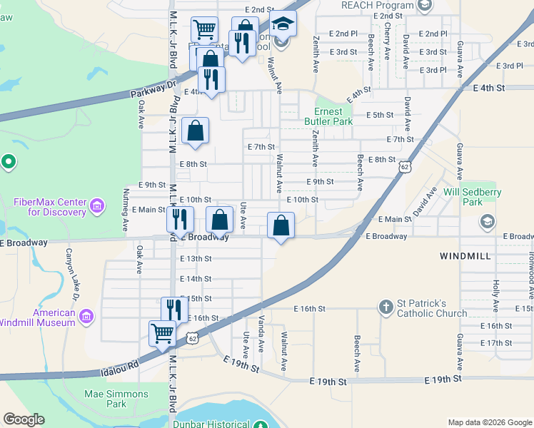 map of restaurants, bars, coffee shops, grocery stores, and more near 2120 10th Street in Lubbock