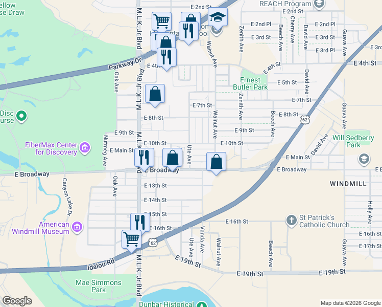 map of restaurants, bars, coffee shops, grocery stores, and more near 1001-1099 Ute Avenue in Lubbock