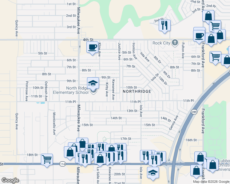 map of restaurants, bars, coffee shops, grocery stores, and more near 915 Kewanee Avenue in Lubbock
