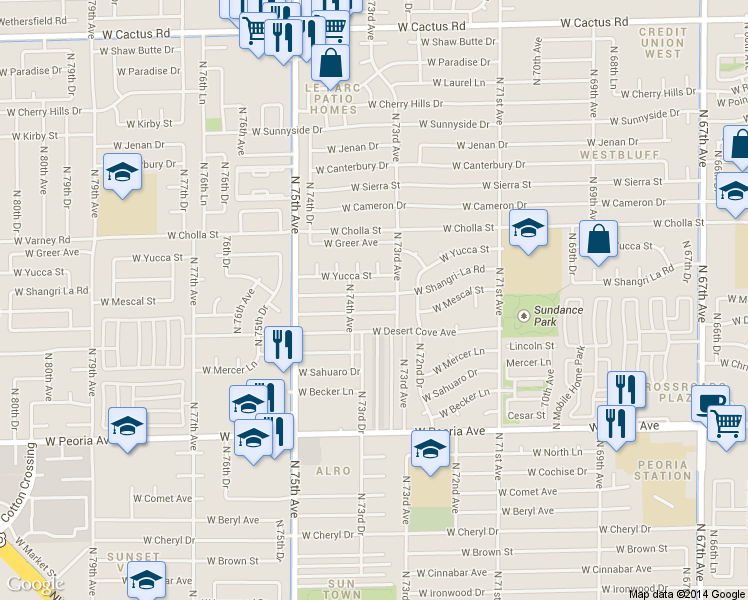 map of restaurants, bars, coffee shops, grocery stores, and more near 7322 West Shangri-la Road in Peoria