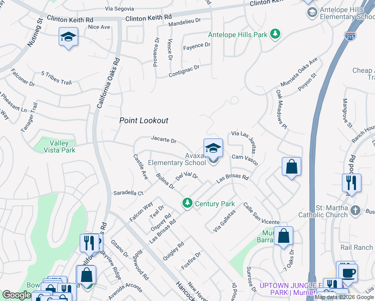 map of restaurants, bars, coffee shops, grocery stores, and more near 24559 Jacarte Drive in Murrieta