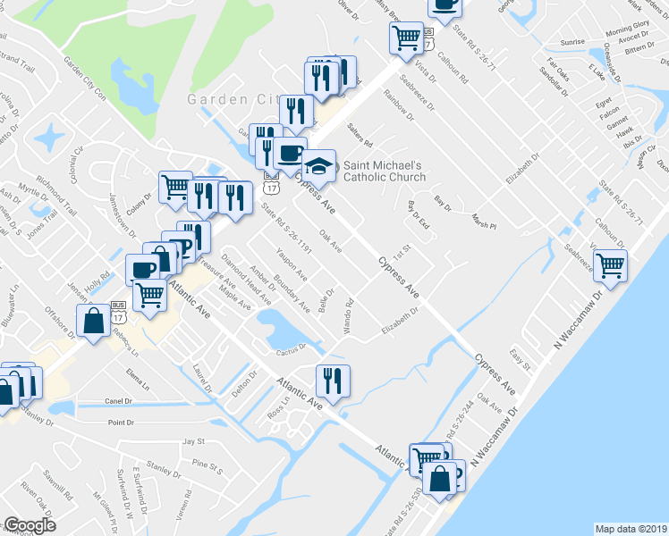 map of restaurants, bars, coffee shops, grocery stores, and more near 461 Oak Avenue in Murrells Inlet