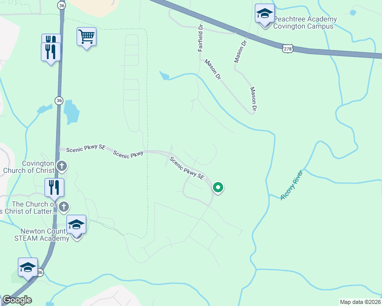 map of restaurants, bars, coffee shops, grocery stores, and more near 12125 Grey Wolf Lane in Covington