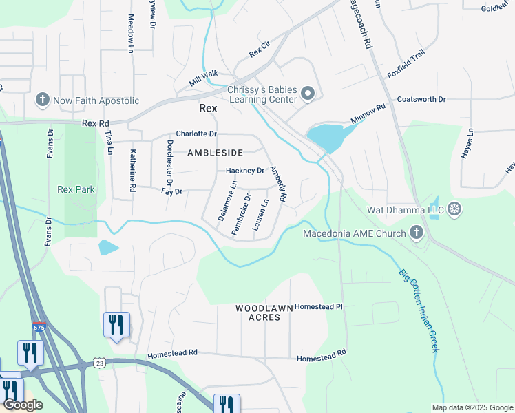 map of restaurants, bars, coffee shops, grocery stores, and more near 6153 Lauren Lane in Rex