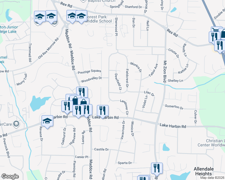 map of restaurants, bars, coffee shops, grocery stores, and more near 6217 Fieldcrest Drive in Morrow