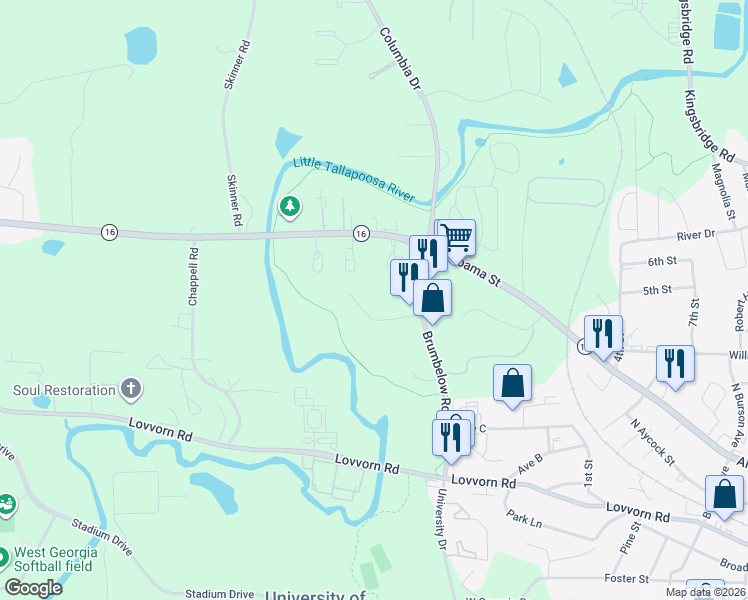 map of restaurants, bars, coffee shops, grocery stores, and more near 203 Brumbelow Rd in Carrollton