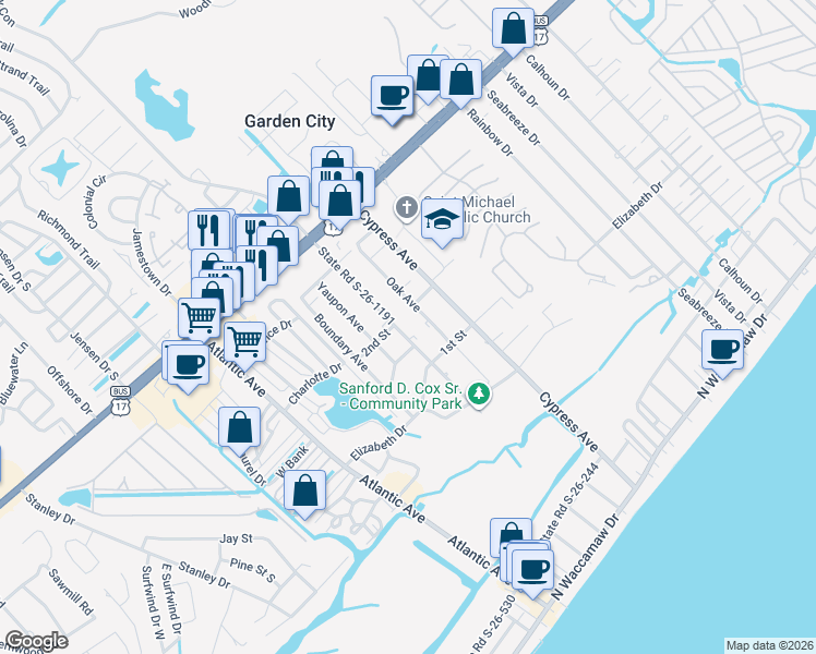 map of restaurants, bars, coffee shops, grocery stores, and more near 461 Oak Avenue in Murrells Inlet