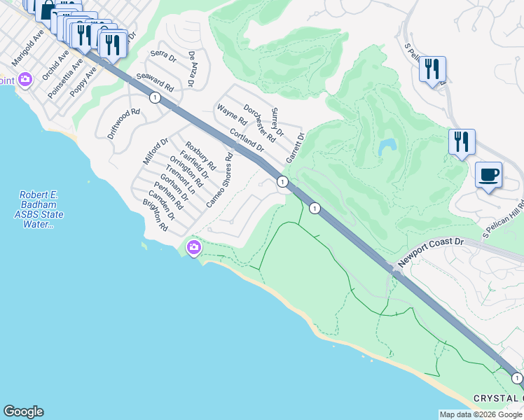 map of restaurants, bars, coffee shops, grocery stores, and more near 8 Pelican Point Drive in Newport Beach