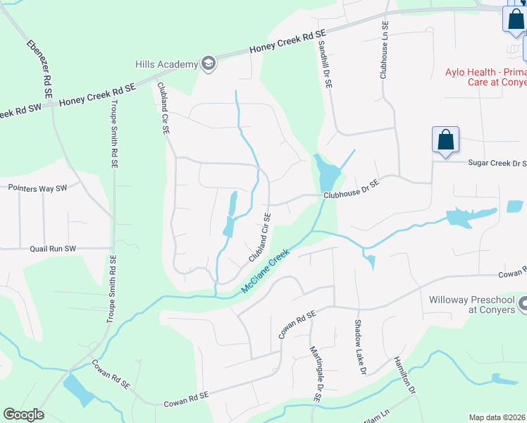 map of restaurants, bars, coffee shops, grocery stores, and more near 551 Clubhouse Drive Southeast in Conyers