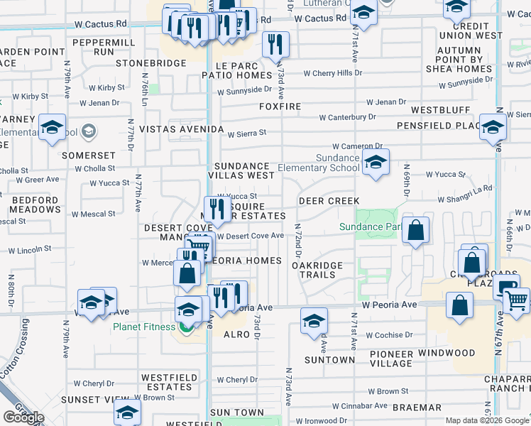 map of restaurants, bars, coffee shops, grocery stores, and more near 7322 West Shangri-la Road in Peoria