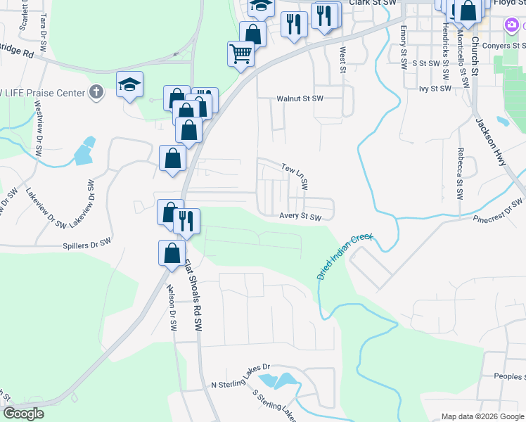 map of restaurants, bars, coffee shops, grocery stores, and more near 6161 Avery Street Southwest in Covington