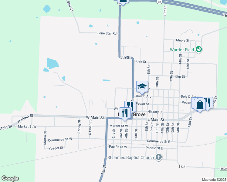 map of restaurants, bars, coffee shops, grocery stores, and more near 711 2nd Street in Honey Grove