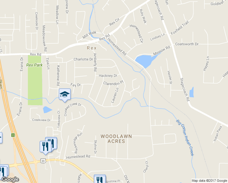 map of restaurants, bars, coffee shops, grocery stores, and more near 6153 Lauren Lane in Rex