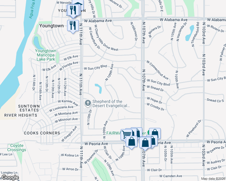 map of restaurants, bars, coffee shops, grocery stores, and more near 10867 West Crosby Drive in Sun City