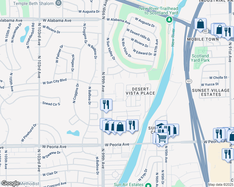 map of restaurants, bars, coffee shops, grocery stores, and more near 11295 North 99th Avenue in Peoria