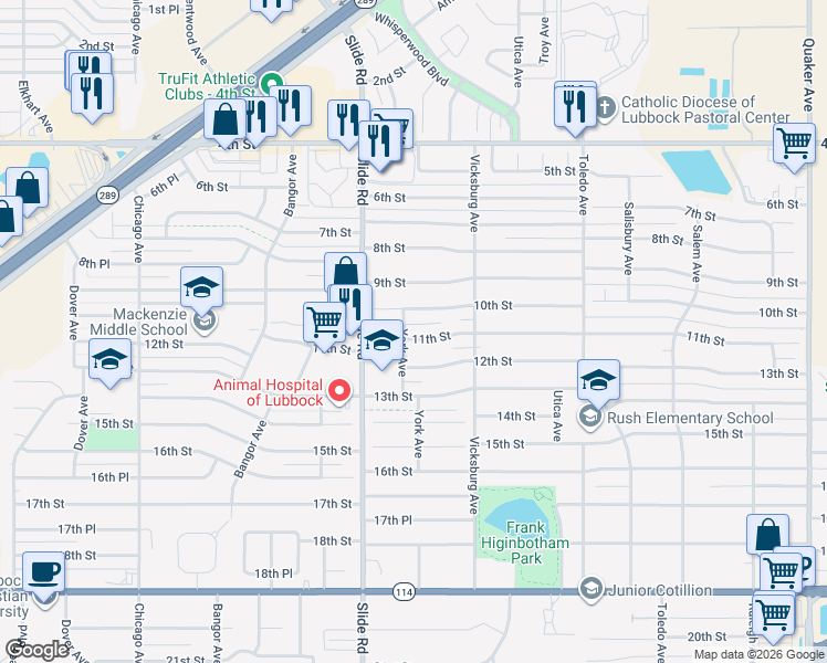 map of restaurants, bars, coffee shops, grocery stores, and more near 4920 11th Street in Lubbock