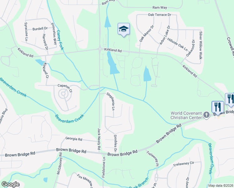 map of restaurants, bars, coffee shops, grocery stores, and more near 130 Stephanie Lane in Covington