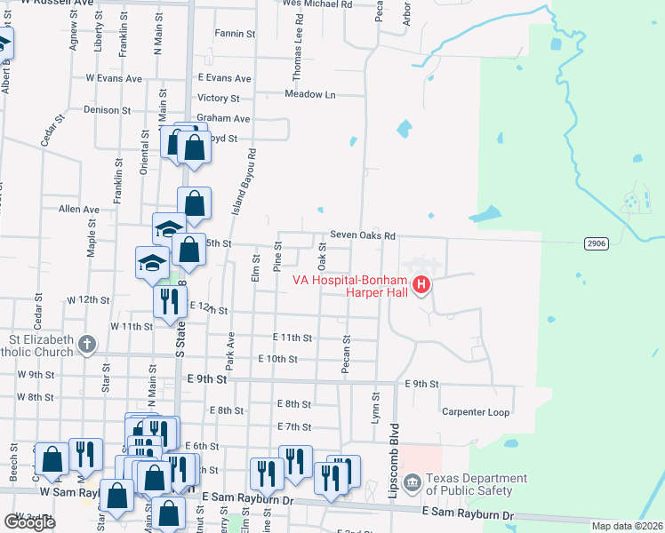 map of restaurants, bars, coffee shops, grocery stores, and more near 1411 Oak Street in Bonham